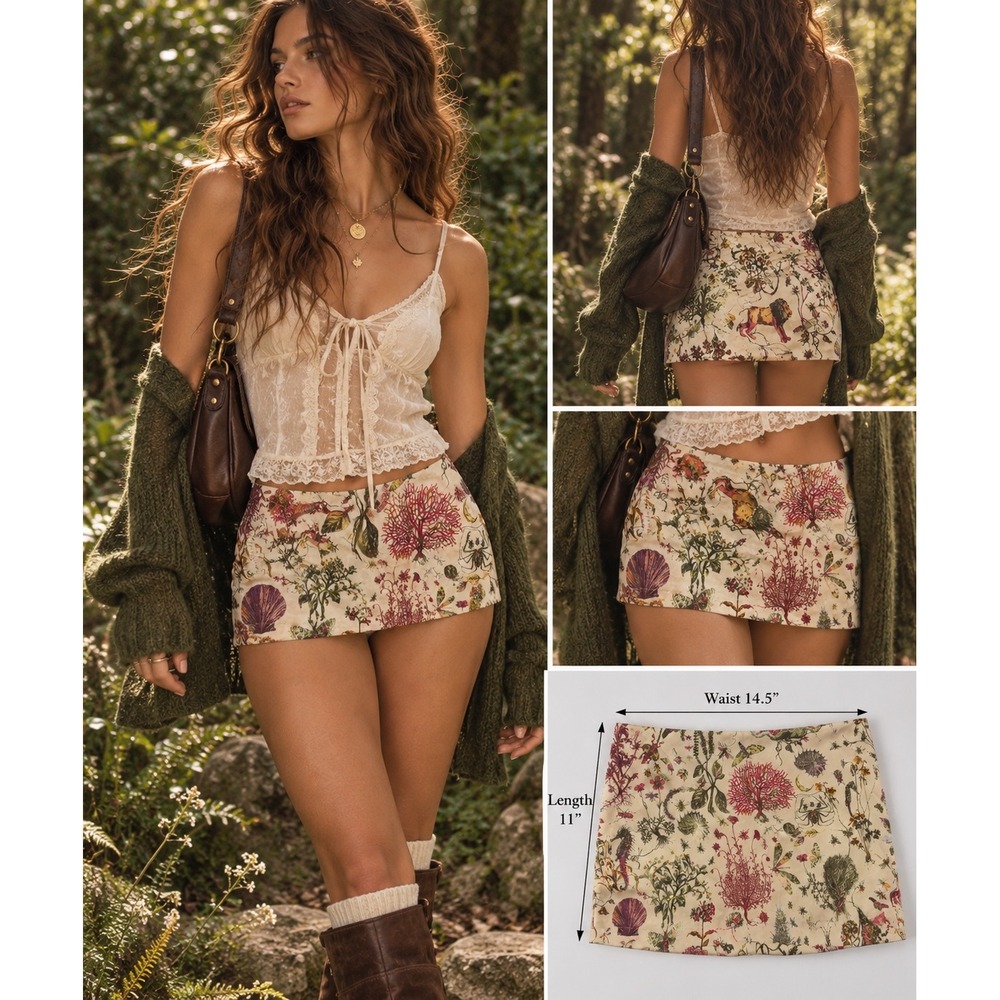 Thas 91 Botanical Micro Mini Skirt Y2K Forest Fairy Whimsigoth Maximalist Goblin